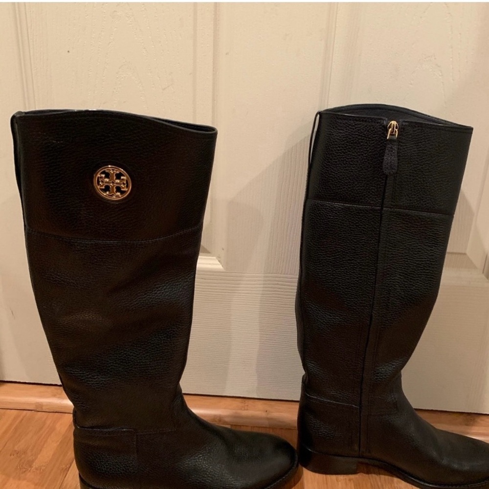 Tory Burch Black Tall Boots with Gold Logo